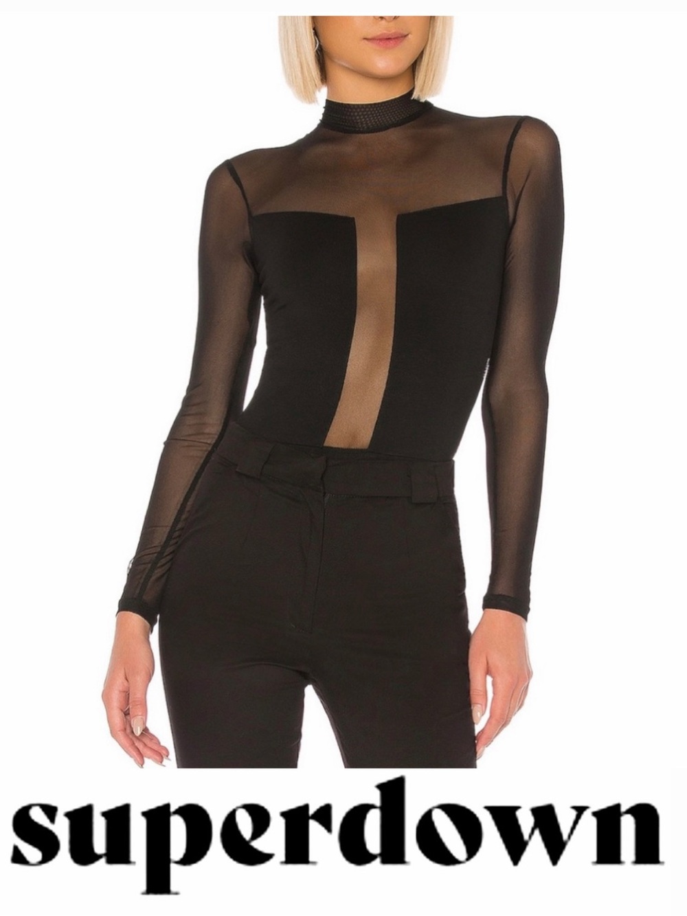 SUPERDOWN Super Sexy Sunnie Long Sleeve Mock Neck Mesh Bodysuit
